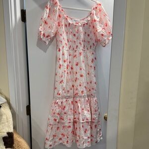 LoveShackFancy White Dress with Red Floral Print